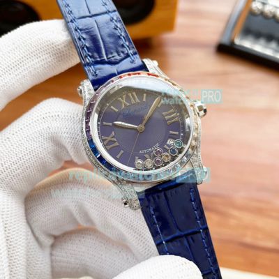 AN Replica Chopard Happy Sport Colored Diamonds Watch Blue Dial Diamond Case